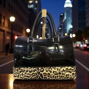 Furla Dark Brown/Beige Rubber and Leopard Print Leather Medium Candy Satchel